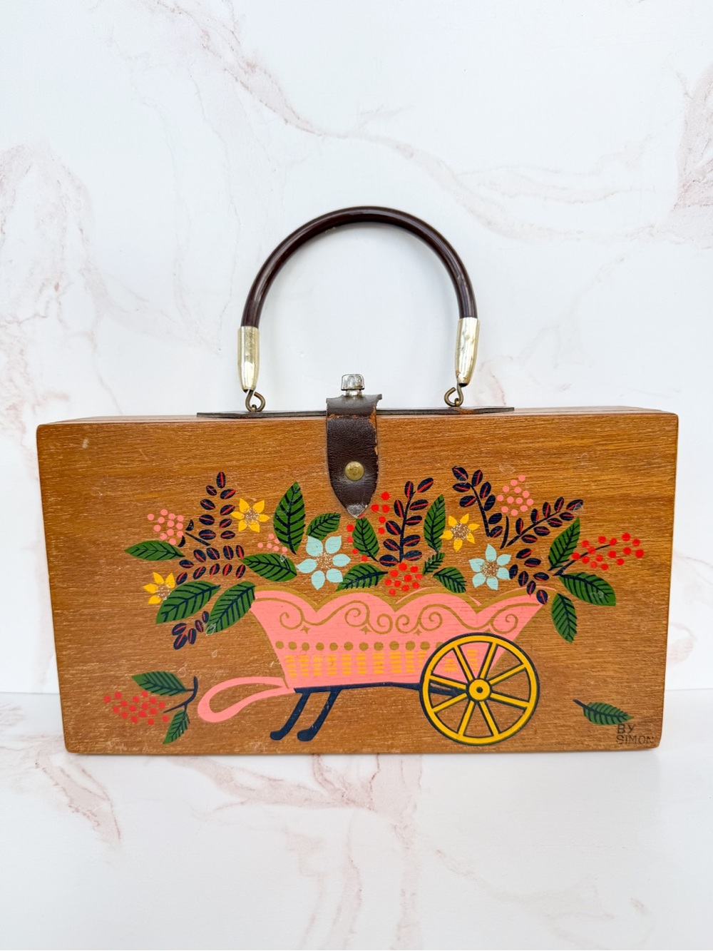 Vintage Simon Japan Wooden Box Purse Handbag Floral Cart Mid Century Mod